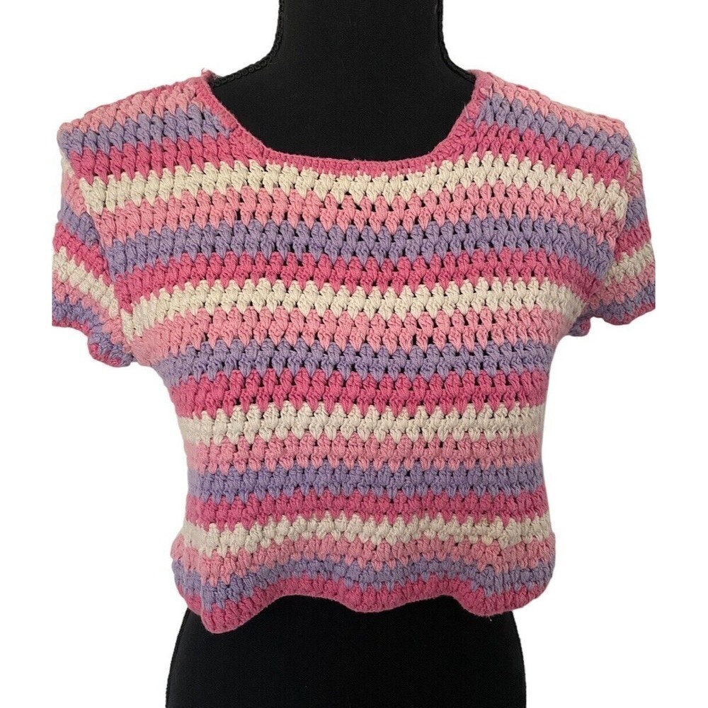 Y2k Crochet Coquette Style s/s Stripe Crop Top Pink, Purple Size M Nouveaumonde